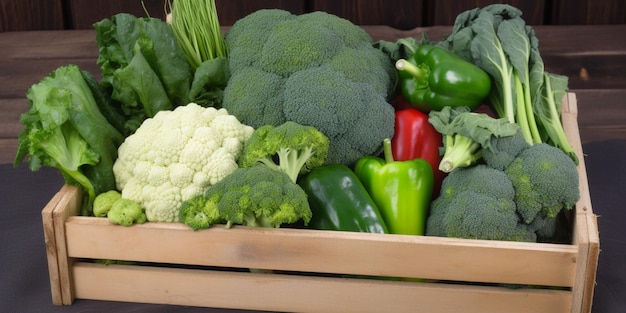 Une caisse en bois de légumes avec le mot brocoli dessus.