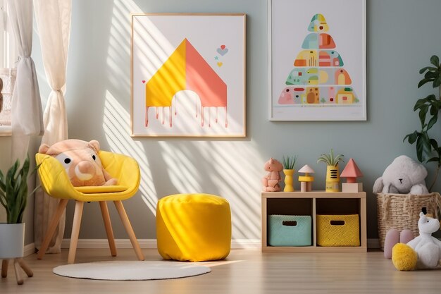 Une caisse en bois et un pouf jaune dans l'intérieur de la salle de jeu colorée d'un enfant avec une affiche et un tabouret à motifs