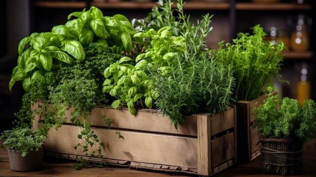 Une caisse en bois avec une variété d'herbes culinaires en pot