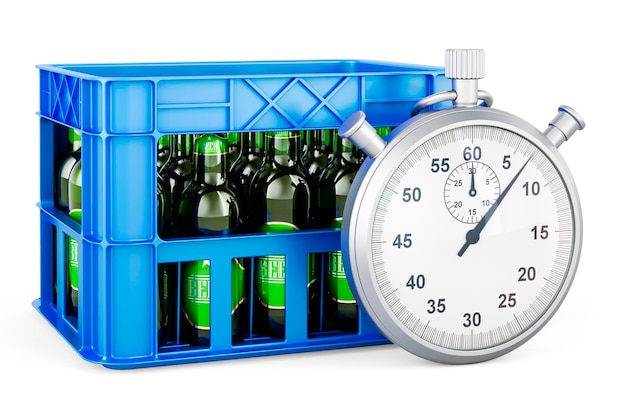 Caisse de bouteilles de bière pleines avec concept de livraison rapide chronomètre rendu 3D