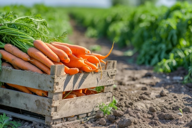 Une caisse de carottes fraîches dans une zone de récolte