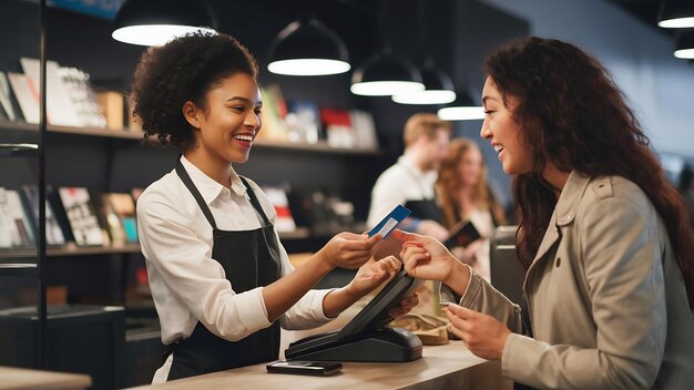 Photo un caissier amical et heureux prenant une carte de crédit du client pour le paiement des achats en causant avec un sourire