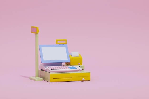 Caissier de caisse enregistreuse en fond de couleur rose pastel et jaune supermarché de rendu 3d