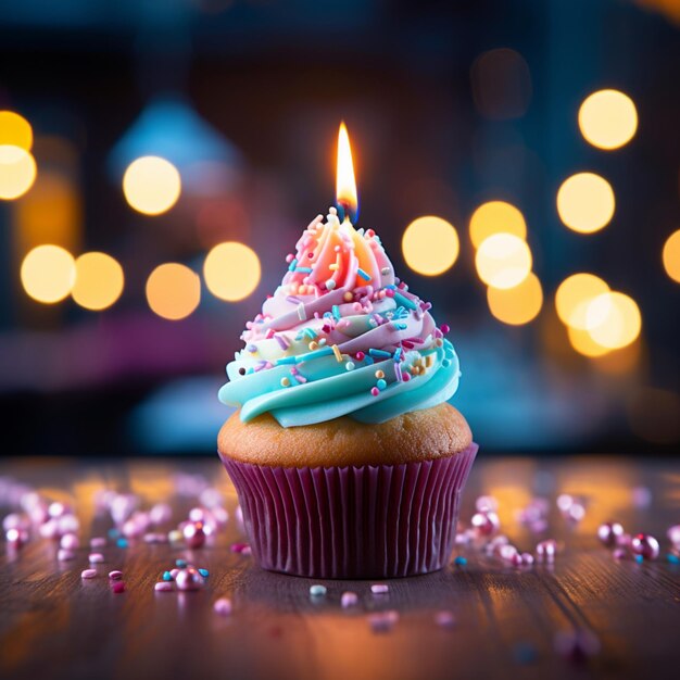 Cake d'anniversaire avec une bougie brûlante sur fond bokeh pour les médias sociaux