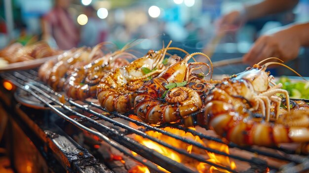 Des calamars frais grillés dans un magasin de rue le long de la côte en Thaïlande