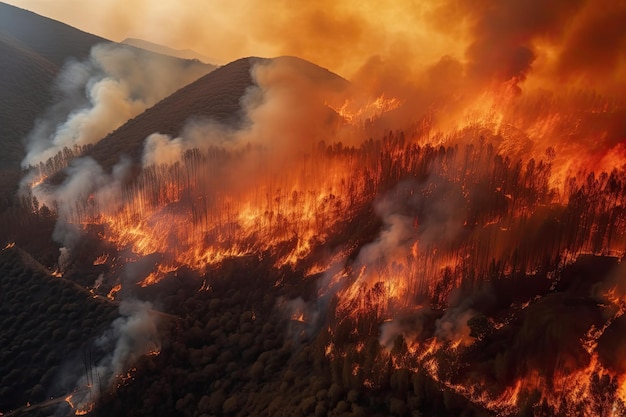 Calamité écologique étonnante représentée par un vaste incendie de forêt qui fait rage AI générative