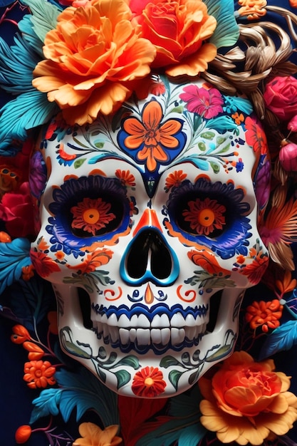 Une Calavera vibrante avec des motifs floraux délicats