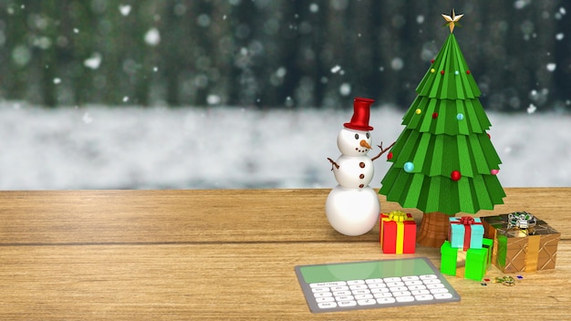 La calculatrice et l'arbre de Noël sur la table en bois pour le rendu 3d du concept de vacances ou d'affaires