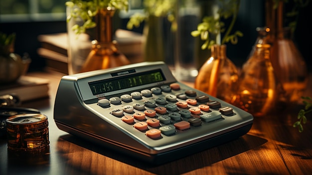 Calculatrice et argent sur le bureau dans la comptabilité de bureau