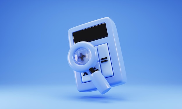 Photo calculatrice bleue avec icône en forme de loupe illustration de rendu 3d