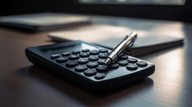 Une calculatrice sur un bureau avec un stylo dessus