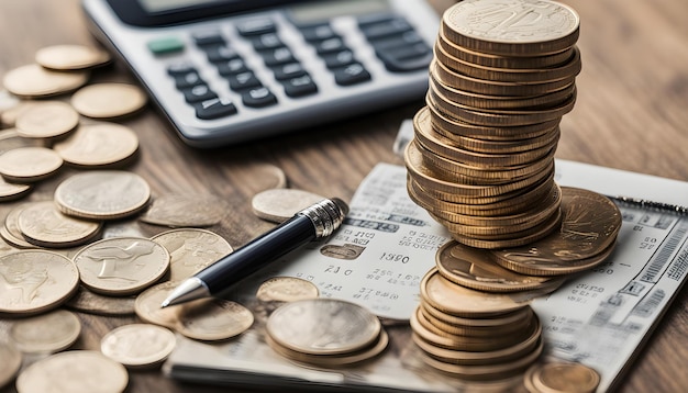 une calculatrice est assise sur une table avec une calculatrice et un stylo et quelques pièces