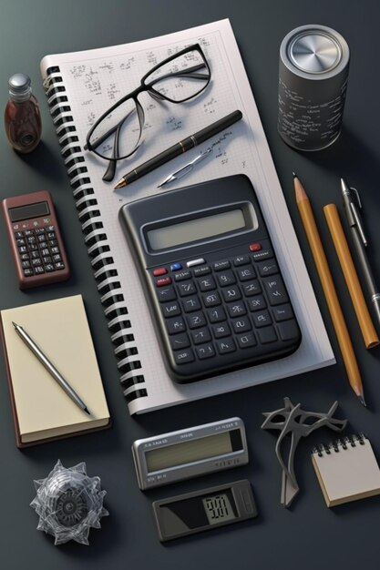 Une calculatrice est posée sur un bureau à côté d'un verre et d'un stylo.