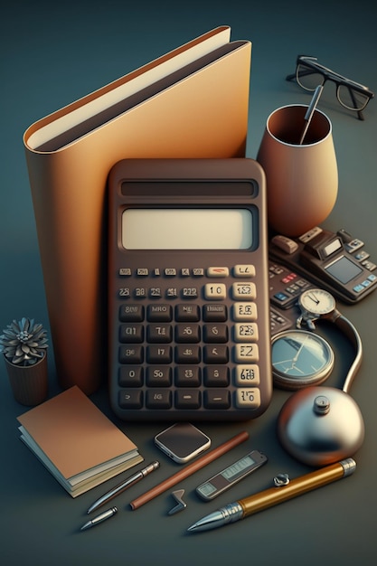 Une calculatrice est posée sur une table avec une horloge et une tasse de café.