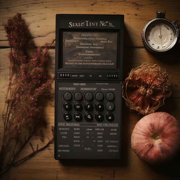 Photo une calculatrice est sur une table avec une plante et une horloge