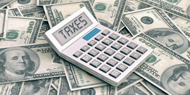 Calculatrice sur fond de dollars Taxes de mots dans l'illustration 3d de l'affichage