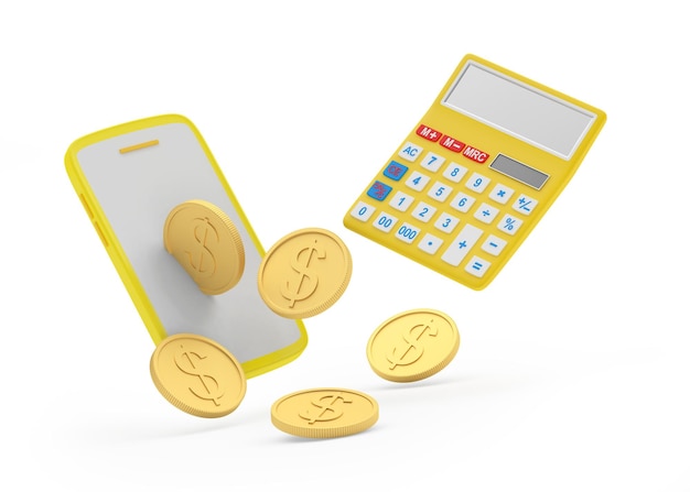 Une calculatrice jaune et une pièce d'or sont déposées sur l'écran d'un téléphone.