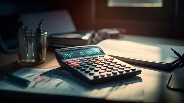 Calculatrice et lunettes sur la table avec tableau financier ai génératif