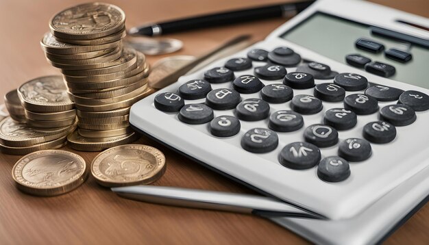 Photo une calculatrice avec une pile de pièces et un penny dessus