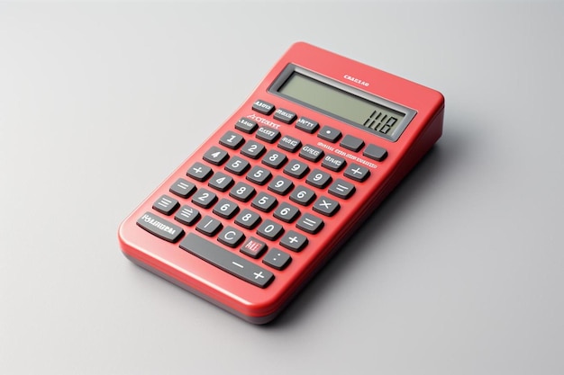 une calculatrice rouge avec un clavier noir et argenté.