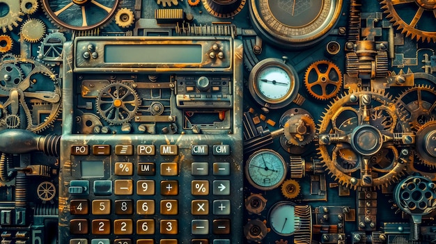 Calculatrice Steampunk au milieu des engrenages et des horloges