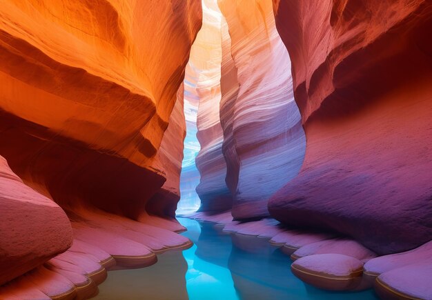 Un caléidoscope de couleurs chaudes et froides créées par la lumière réfléchie dans un canyon isolé de l'Arizona