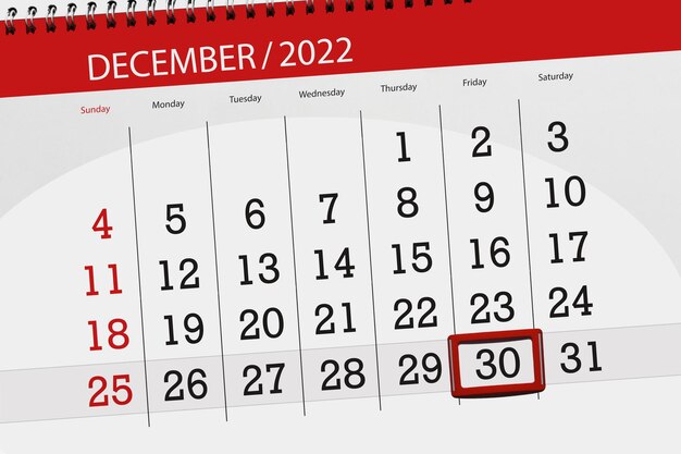 Calendrier 2022 date limite jour mois page organisateur date décembre vendredi numéro 30