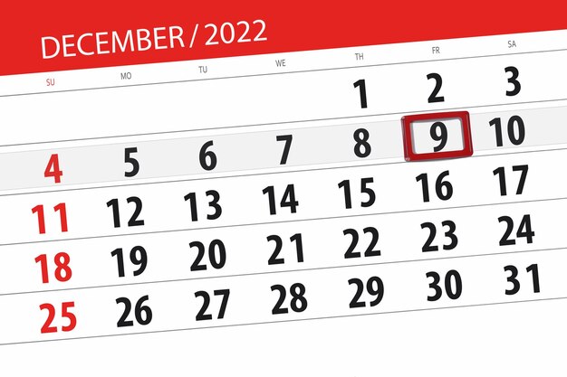 Calendrier 2022 date limite jour mois page organisateur date décembre vendredi numéro 9