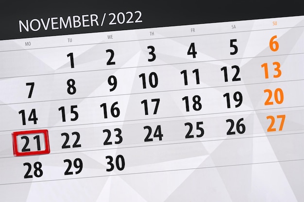 Calendrier 2022 date limite jour mois page organisateur date novembre lundi numéro 21