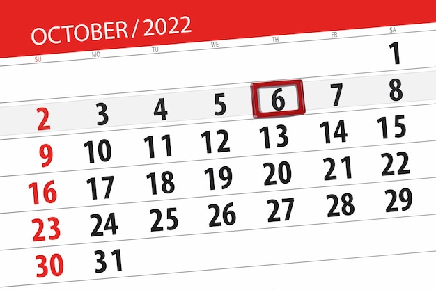 Calendrier 2022 date limite jour mois page organisateur date octobre jeudi numéro 6