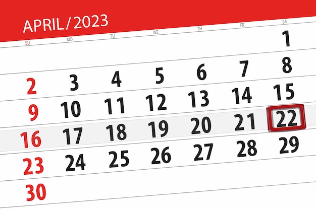 Calendrier 2023 date limite jour mois page organisateur date avril samedi numéro 22