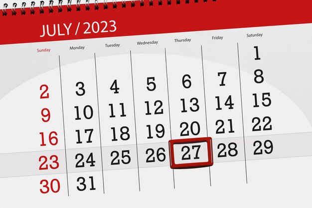 Calendrier 2023 date limite jour mois page organisateur date juillet jeudi numéro 27