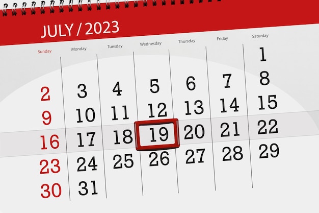 Calendrier 2023 date limite jour mois page organisateur date juillet mercredi numéro 19