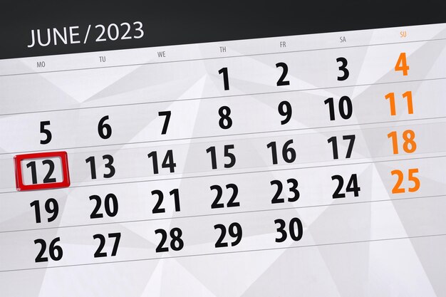 Calendrier 2023 date limite jour mois page organisateur date juin lundi numéro 12