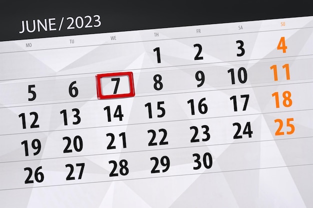 Calendrier 2023 date limite jour mois page organisateur date juin mercredi numéro 7