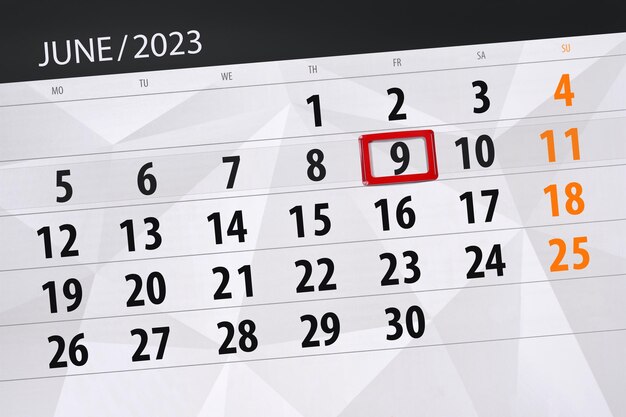 Calendrier 2023 date limite jour mois page organisateur date juin vendredi numéro 9