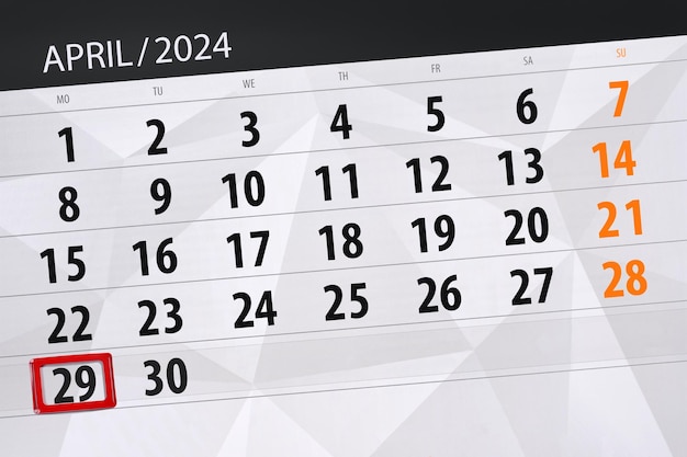 Calendrier 2024 date limite jour mois page organisateur date avril lundi numéro 29