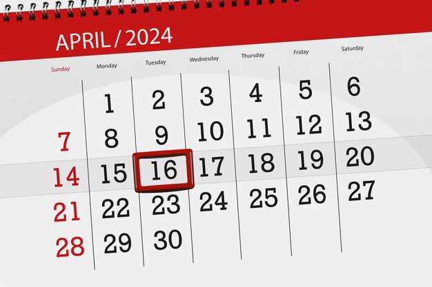 Calendrier 2024 date limite jour mois page organisateur date avril mardi numéro 16