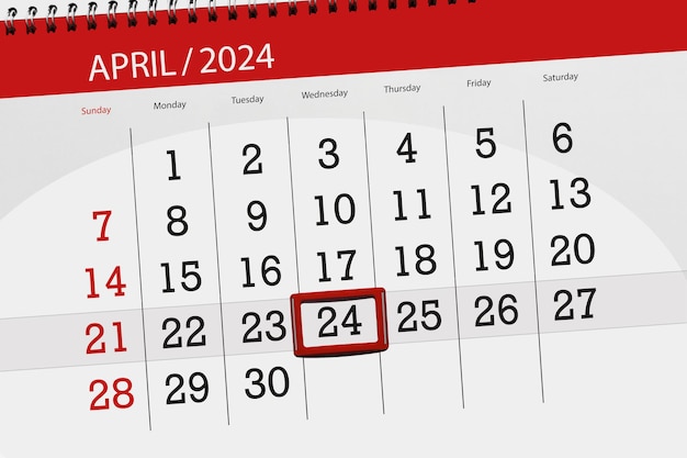 Calendrier 2024 date limite jour mois page organisateur date avril mercredi numéro 24