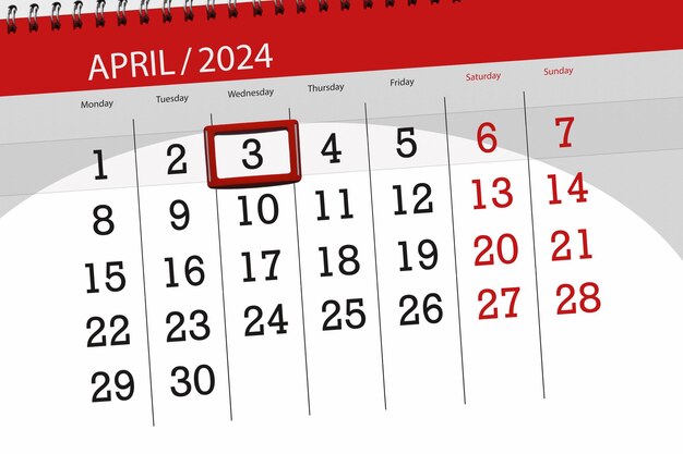 Calendrier 2024 date limite jour mois page organisateur date avril mercredi numéro 3