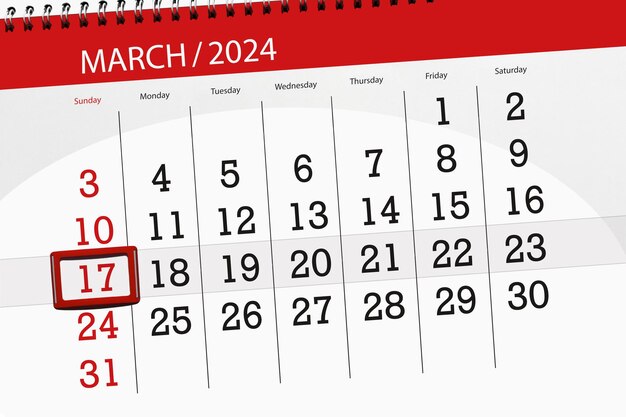 Calendrier 2024 date limite jour mois page organisateur date dimanche numéro 17 mars