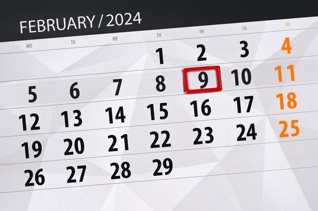 Calendrier 2024 date limite jour mois page organisateur date février vendredi numéro 9