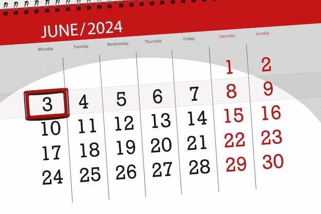 Calendrier 2024 date limite jour mois page organisateur date juin lundi numéro 3