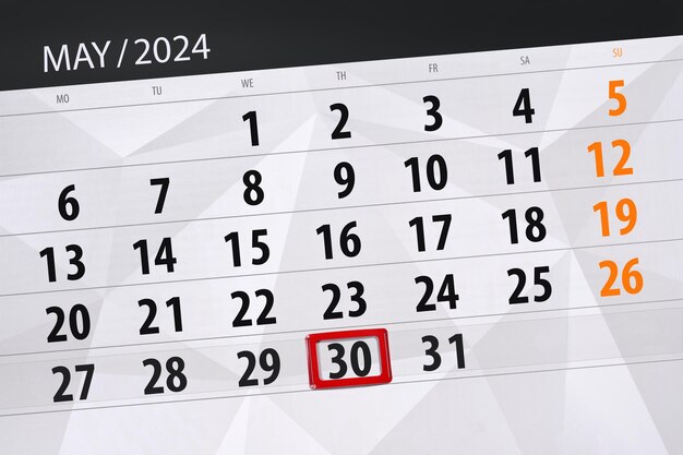 Calendrier 2024 date limite jour mois page organisateur date mai jeudi numéro 30