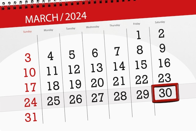 Calendrier 2024 date limite jour mois page organisateur date mars samedi numéro 30