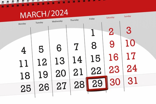 Calendrier 2024 date limite jour mois page organisateur date mars vendredi numéro 29