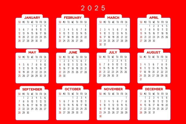 Calendrier 2025 Calendrier pour 2025 sur fond rouge