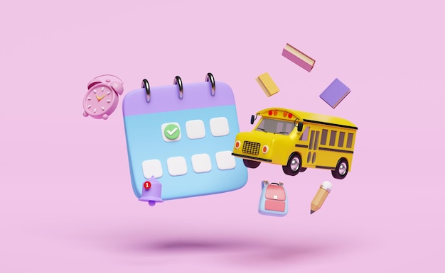 Calendrier 3D avec bus scolaire jaune signes de dessins animés icônes marquées date notification cloche horloge marque de contrôle accessoires livre sac chapeau isolé sur fond rose illustration de rendu 3D