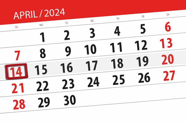 Calendrier de l'année 2024 date limite jour mois page organisateur date avril dimanche numéro 14