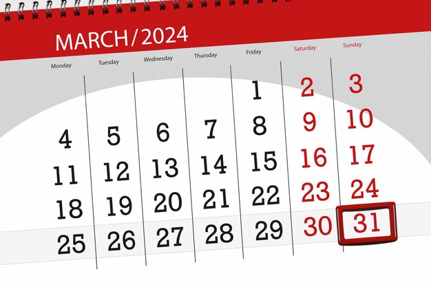 Calendrier de l'année 2024 date limite jour mois page organisateur date mars dimanche numéro 31